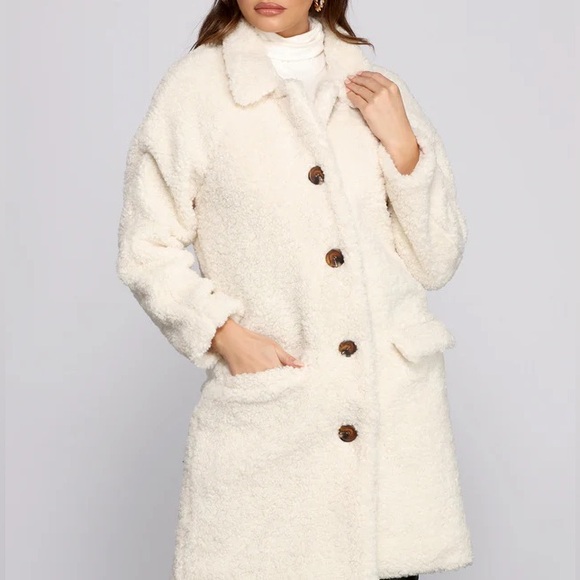 Fashion Nova Jackets & Blazers - Fashion Nova Cream Teddy Jacket with Brown Buttons